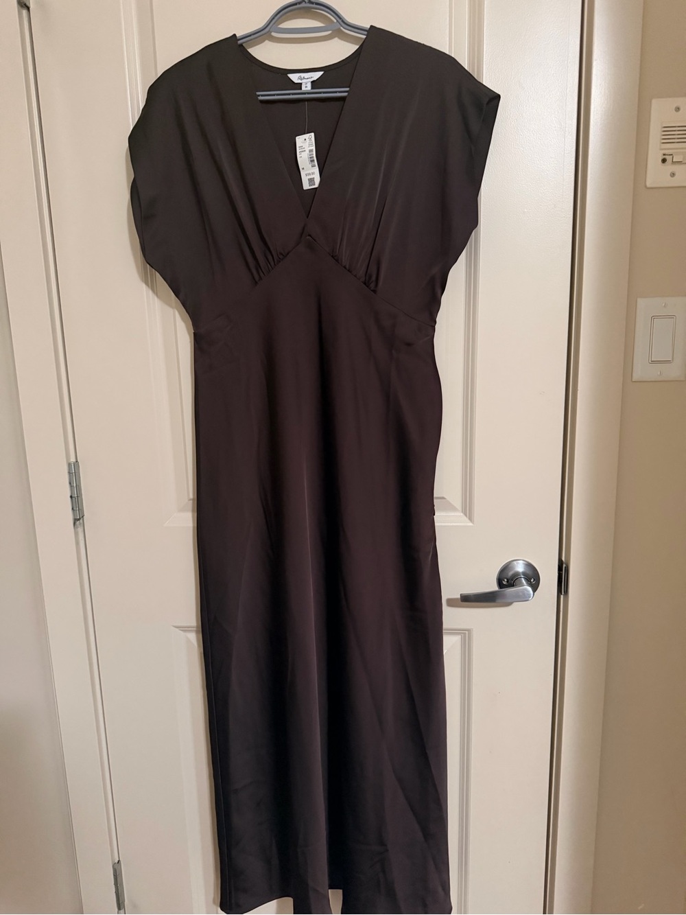 Elegant Chocolate Brown Satin V-Neck Maxi Dress - Picture 5 of 5